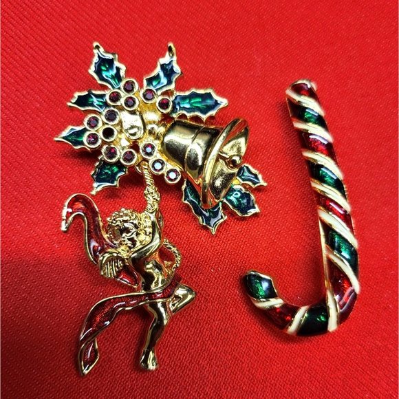 Vintage Christmas Pins/ Brooch Set of 2  Christmas Angel Bell & Candy Vane Pins - Picture 1 of 11
